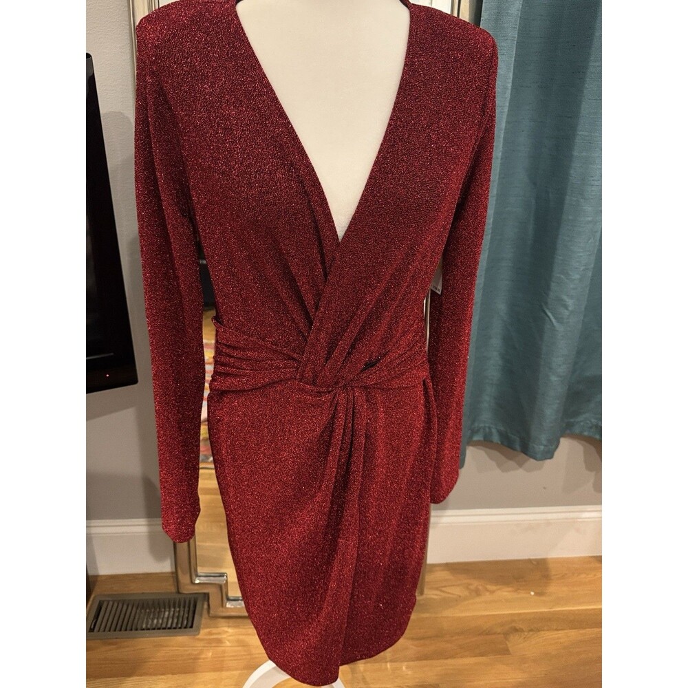 NwT Karen Kane Women's Red Sparkle Metallic Draped Front Dress Long Sleeve Med